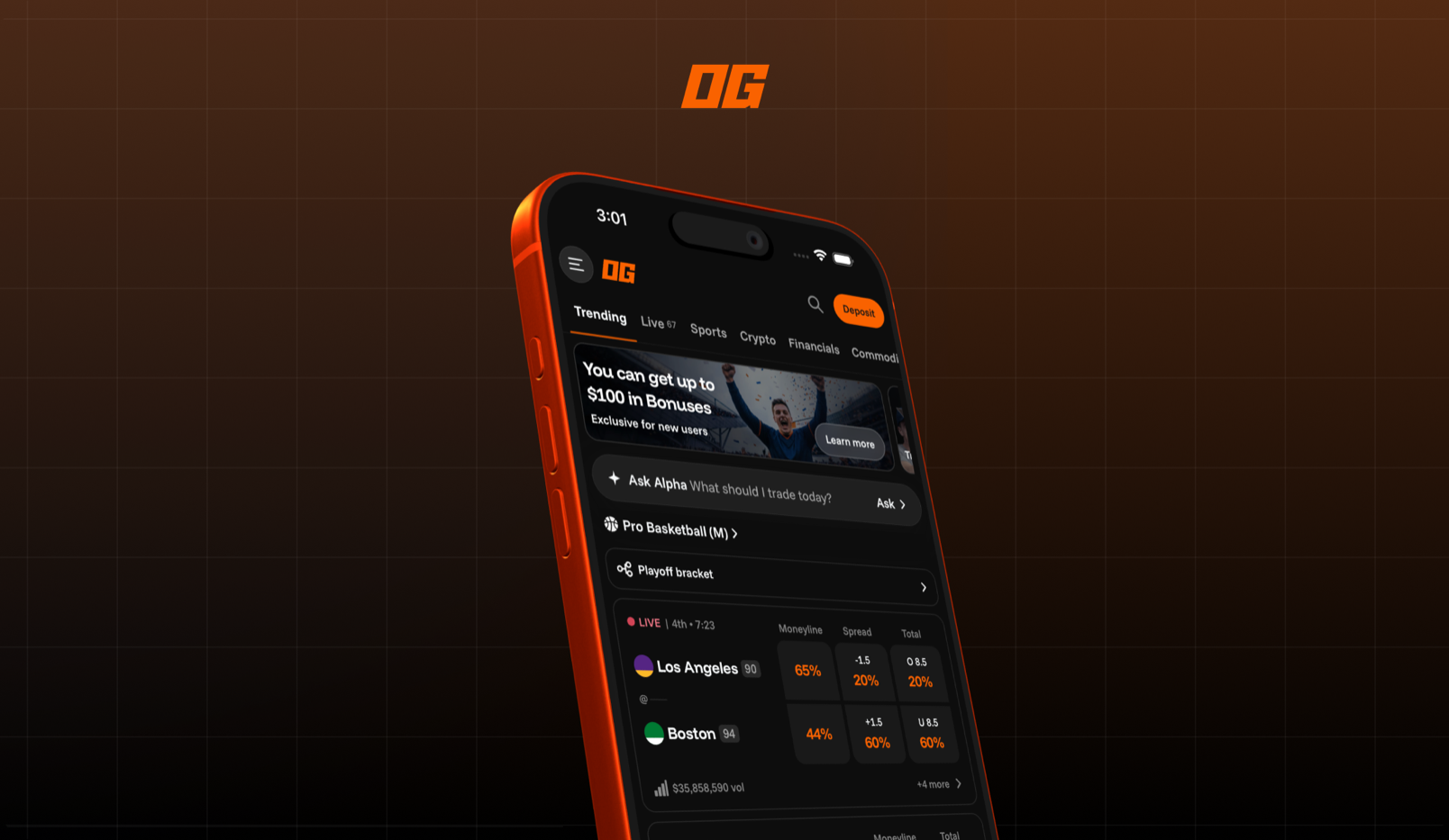 OG.com mobile interface shown on a dark orange project preview.
