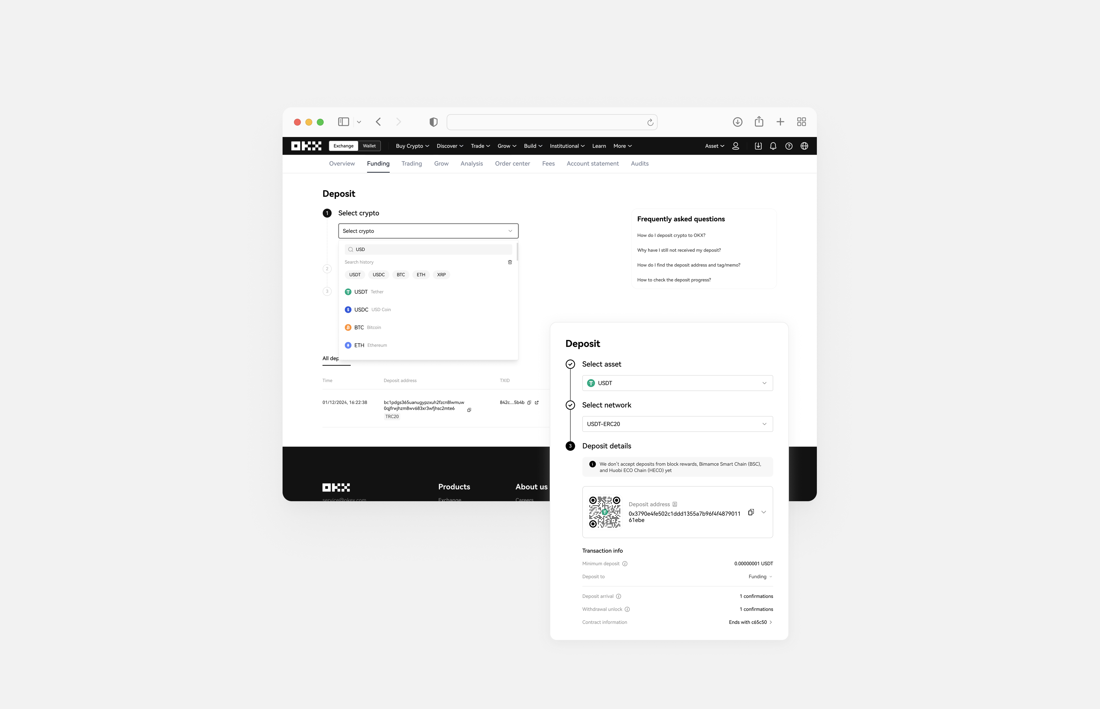 OKX deposit flow desktop interface shown on a light project preview.