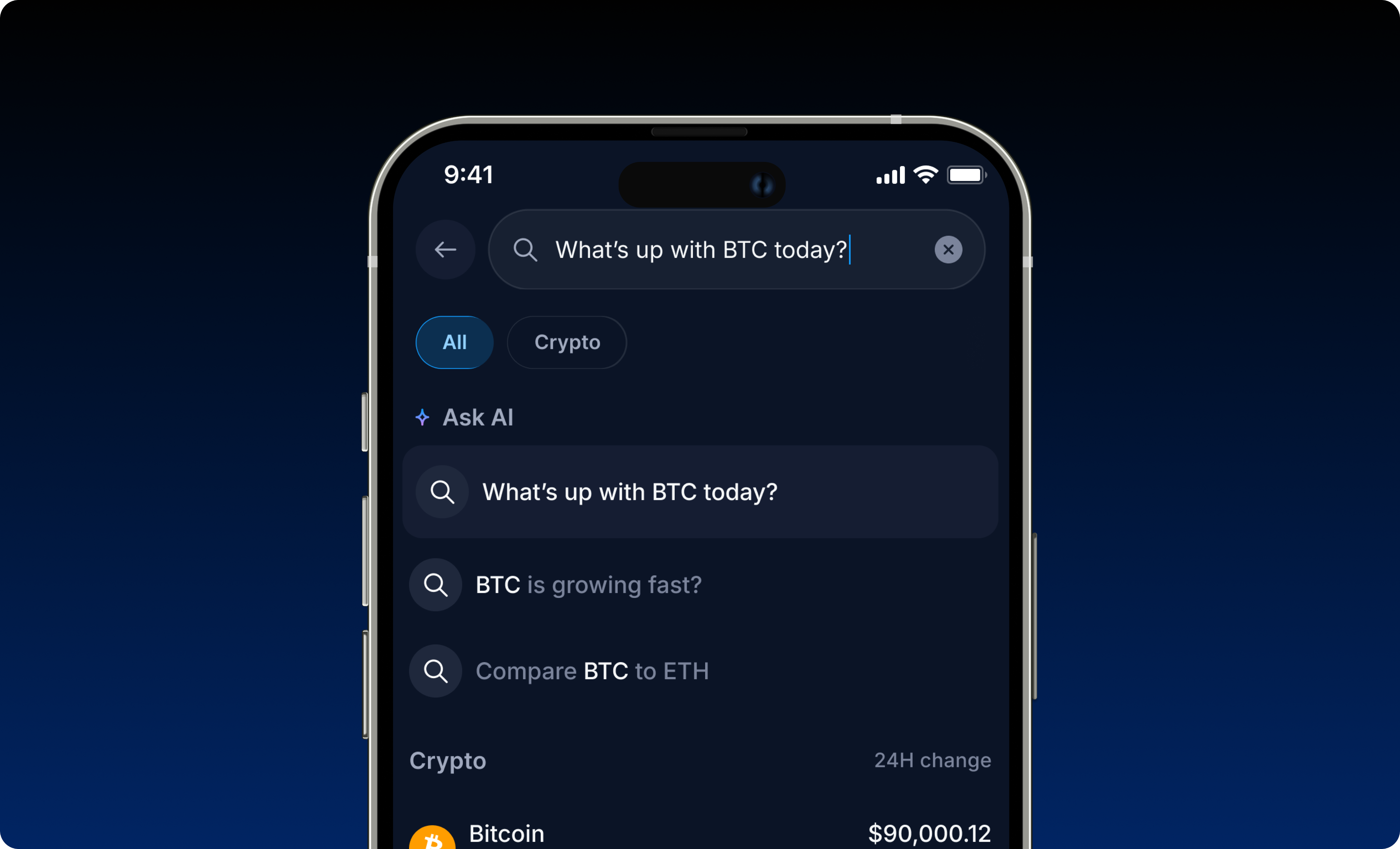 Delphi AI search mobile interface showing an AI-powered crypto search query.